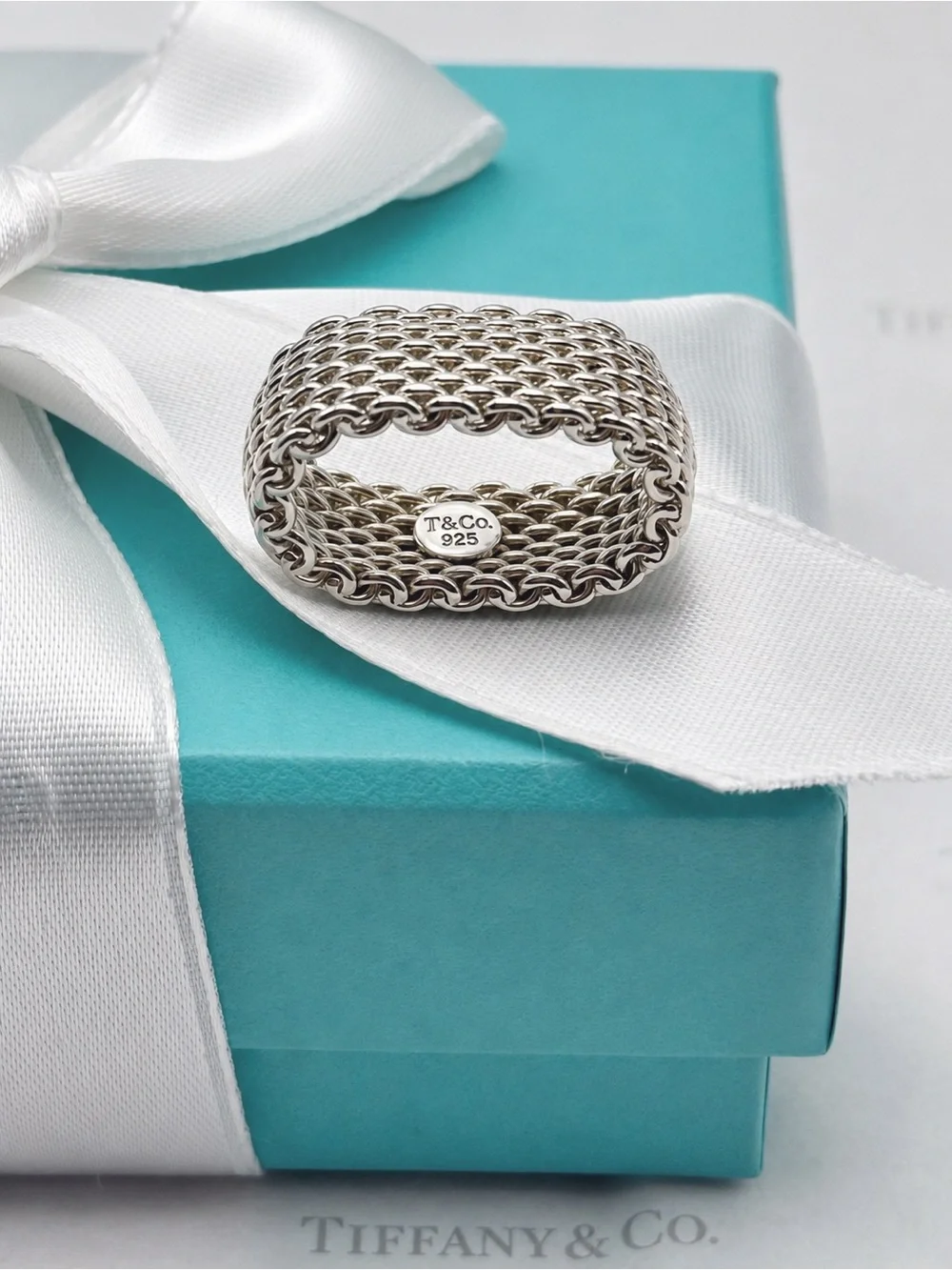 Tiffany & Co. Somerset Mesh Ring Band Sterling Silver 925 Size 5 Gift Box Pouch - Picture 5 of 8